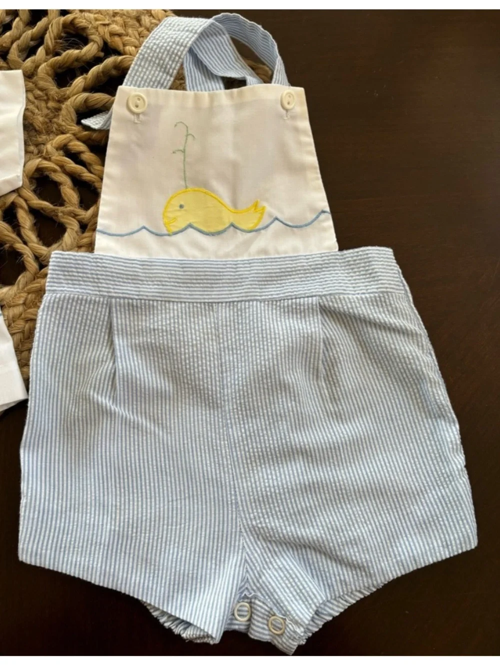 Vintage 1993 Seersucker Embroidered Whales 2 Piece Romper Set Blue Baby 6-9 M